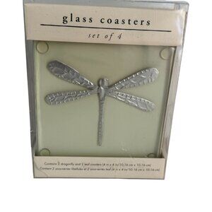 Glass Dragonfly & Leaf Coaster Set Pier 1 Imports 4 Piece 4x4 Retro 90s Vibe